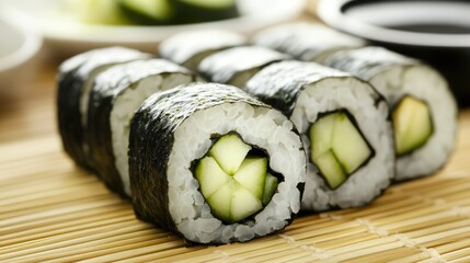 A refreshing cucumber and avocado sushi roll, neatly sliced and served with soy sauce and pickled ginger on a bamboo mat