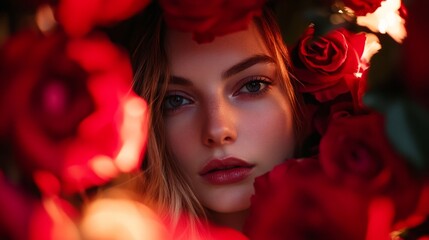 Poster - A captivating portrait of a young woman surrounded by vibrant red roses. The soft lighting enhances her natural beauty and evokes a sense of romance. This image showcases beauty photography. AI