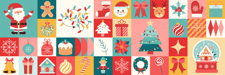 A colorful Christmas collage featuring Santa, gingerbread men, and other festive decorations. Bauhaus style. Scene is cheerful and joyful, celebrating the holiday season