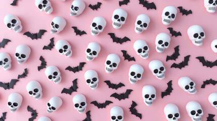 Wall Mural - Flat lay illustration showcases a pink Halloween theme with 3D cartoon spooky skulls and bats