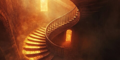 Canvas Print - Sunlit Spiral Staircase in a Dusty, Golden Hallway