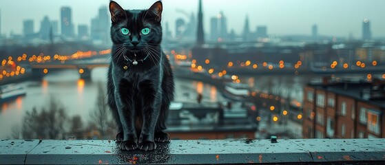 Night cityscape with cat silhouettes perched on rooftops