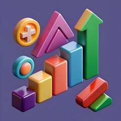 Colorful 3D illustration of a bar chart with upward arrows. perfect for representing growth. progress. and positive trends.