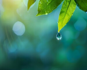 Wall Mural - Pristine Water Drop Suspended from Lush Green Leaf After Rain