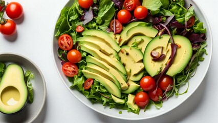 Healthy arugula salad with avocado, radish, bell pepper, tomato and Roquefort cheese,avocado salad vegan, avocado dish, fruit salad, guacamole, avocado