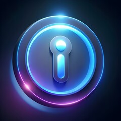 A futuristic and sleek 3D info icon. rendered with vibrant blue and purple neon glow.