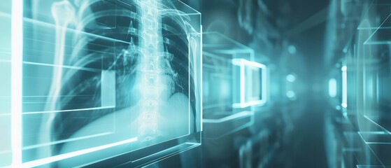 Futuristic medical imaging technology showcasing digital X-rays of human anatomy with a sleek, blue backdrop.