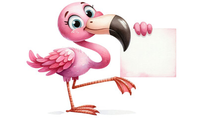 adorable cartoon flamingo with big blue eyes holding a blank white sign. perfect for adding your own