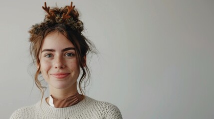 beautiful woman looking at camera with christmas antlers on white background