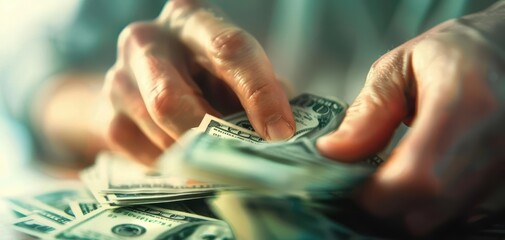 Fototapete - Close-up of hands counting cash and recording transactions, Photorealistic, Natural light, Digital painting, Clear details