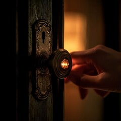 Hand reaching for doorknob on a wooden door.