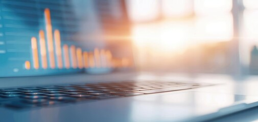 Fototapete - A modern laptop with a data visualization screen, symbolizing technology, productivity, and business innovation in a bright environment.