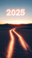 Poster - Light trails leading to 2025 in the desert at sunset