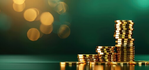 Fototapete - Shiny gold coins stacked in a stylish arrangement with a blurred green background, symbolizing wealth and prosperity.