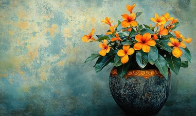 Grunge style nature image featuring exotic flowers and lush leaves in a decorative plant pot