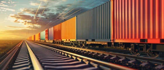 Vibrant sunset over a freight train line, showcasing colorful cargo containers and serene railway tracks under a dramatic sky.