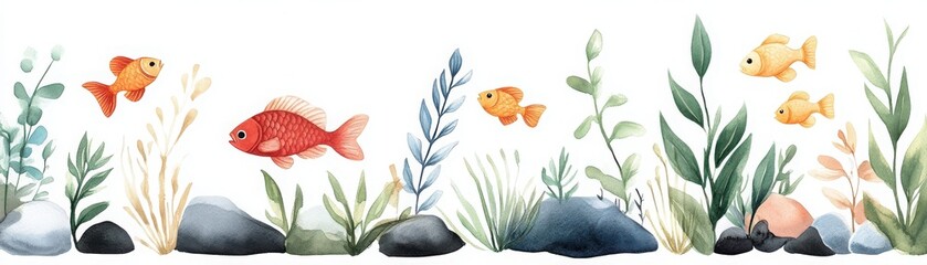 A vibrant watercolor illustration featuring colorful fish swimming among lush aquatic plants and rocks, evoking a serene underwater scene.