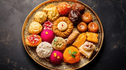 A vibrant platter of Indian sweets like jalebi, gulab jamun, and barfi, arranged on a decorative plate with gold accents