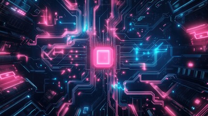 Futuristic abstract technology background featuring a circuit board design representing high level digital computing in a 2D cartoon illustration style for business concepts