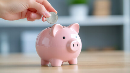 Canvas Print - A person putting a coin into the pink piggy bank, AI