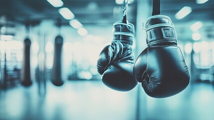 A shiny pair of boxing gloves hanging from a hook in a boxing gym, with punching bags in the background.