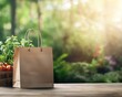 © PrusarooYakk - A brown paper bag sits on a wooden table with fresh vegetables in a basket, surrounded by a vibrant green garden atmosphere.