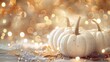 © Francesco - Stylish autumn flatlay with white pumpkins, warm bokeh lights, and golden leaves, cozy atmosphere.