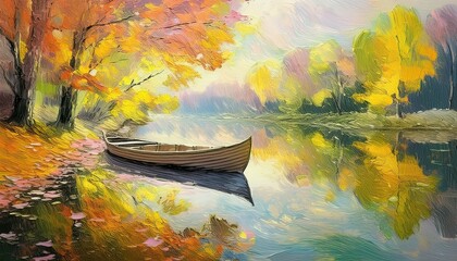 Wall Mural - Watercolor Painting of a Boat in a Lake while in the autumn season.