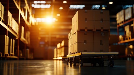 Poster - A well-lit warehouse with stacked boxes on a pallet, showcasing the organized storage and logistics environment.