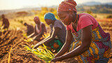 A woman is working in a field with other women