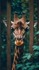 Giraffe peeking through fence, nature and wildlife concept