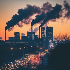 Industrial skyline with smoke stacks, city lights, and a highway during sunset.