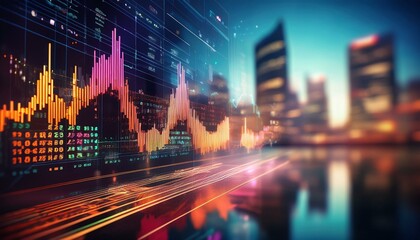 Wall Mural - Financial stock ticker display with blurred city background.