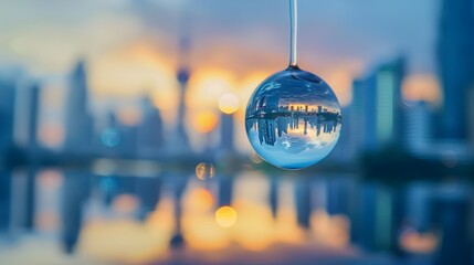 Canvas Print - Captivating Water Drop Reflecting Vibrant City Skyline at Sunset