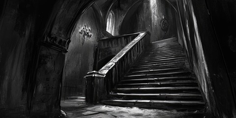 Poster - A Monochromatic Illustration of a Dark and Gloomy Staircase