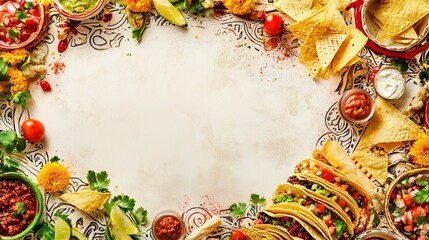 Wall Mural - Vibrant Mexican Food Fiesta with Traditional Decorations on Cream Background for Customization