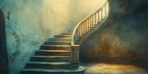 Poster - A Winding Staircase Leading Upward in a Dusty, Sunlit Room