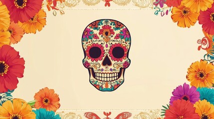 vibrant sugar skull display surrounded by mexican decorations and blank space for custom text on bei