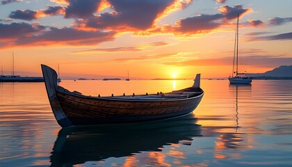 Tranquil sunset with a wooden boat drifting on still water, framed by a picturesque sky and anchored sailboats in the distance.