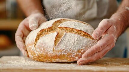 Canvas Print - A man sprinkling flour on a freshly baked loaf of bread, AI