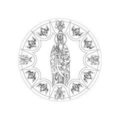 Nikolaj Velimirovich (name english) sky round dome with 4 apostles and seraphim. Coloring page in Byzantine style