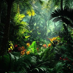 Canvas Print - Lush green tropical rainforest with bright flowers and sunlight filtering through the leaves.