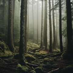 Poster - Lush moss covers the forest floor beneath towering trees in a misty, mysterious woodland.