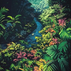 Canvas Print - Lush tropical foliage and a winding blue stream in a jungle setting.