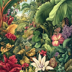 Sticker - Lush tropical jungle with vibrant flowers and foliage.