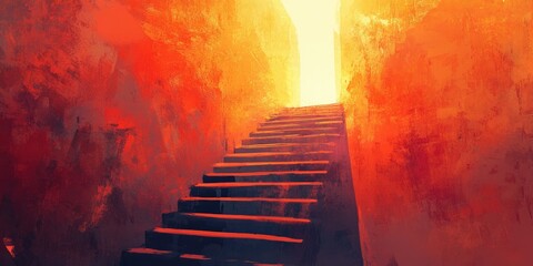 Poster - Stairway Leading to Bright Light in Orange and Red Walls