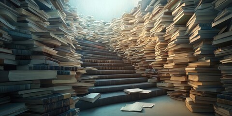 Wall Mural - Stairway Made of Stacked Books Leading Towards Light