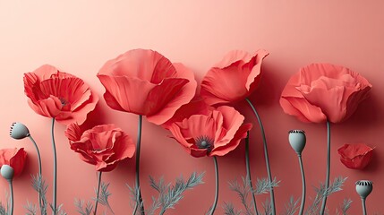 A vibrant arrangement of red poppy flowers against a soft coral background, exuding beauty and natural elegance.