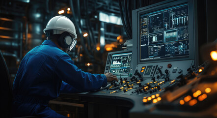 An oil and gas worker is operating the control panel of an industrial power plant, wearing protective gear such as a helmet or safety goggles to showcase the field work environment in the modern indus