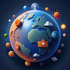 A vibrant 3D globe with various icons symbolizing global communication. technology. and community.